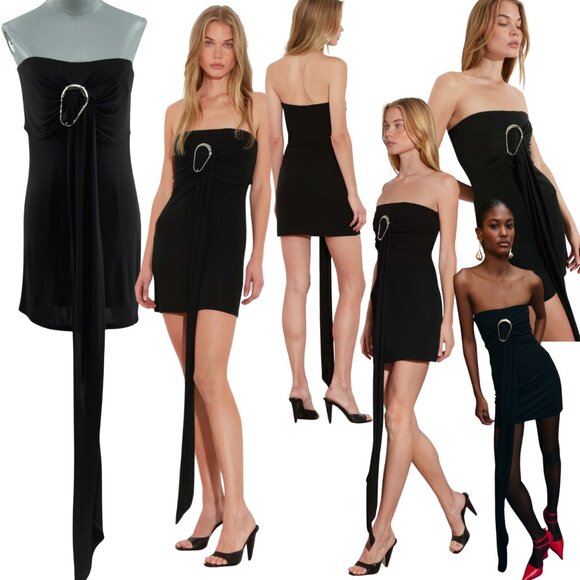 🆕 RAT & BOA 🧿 NWT Selma Little Black Strapless Dress, Buckle Draping - Sz M - Picture 1 of 17